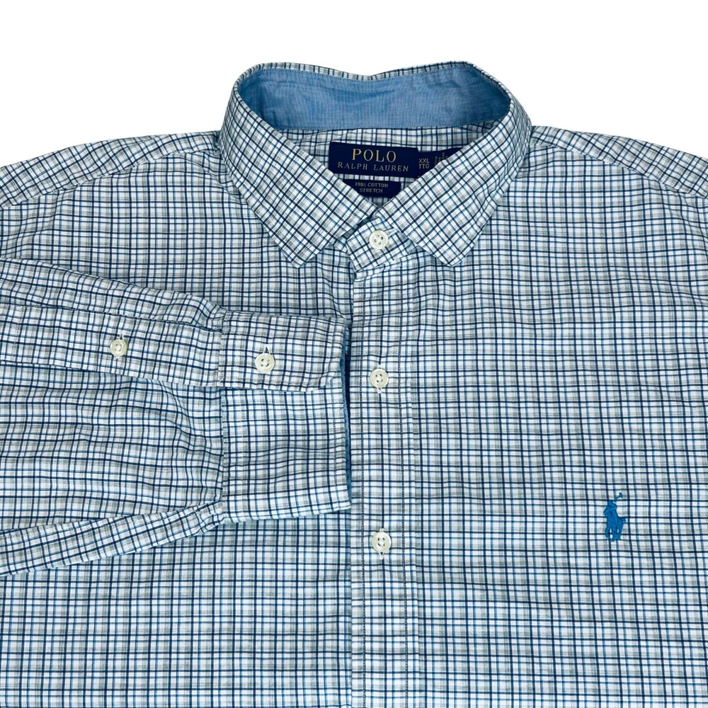 Polo Ralph Lauren Classic Fit Shirt Men XXL Blue White Gray Plaid Stretch Preppy